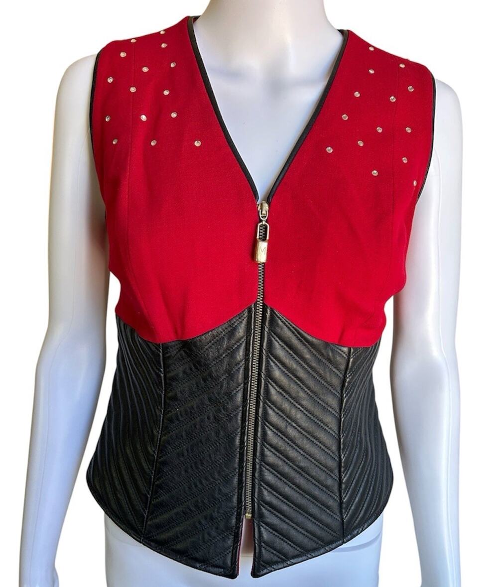 Vintage Alberto Makali 100% Wool 100% Leather Vest Red Black Studded USA Sz 6